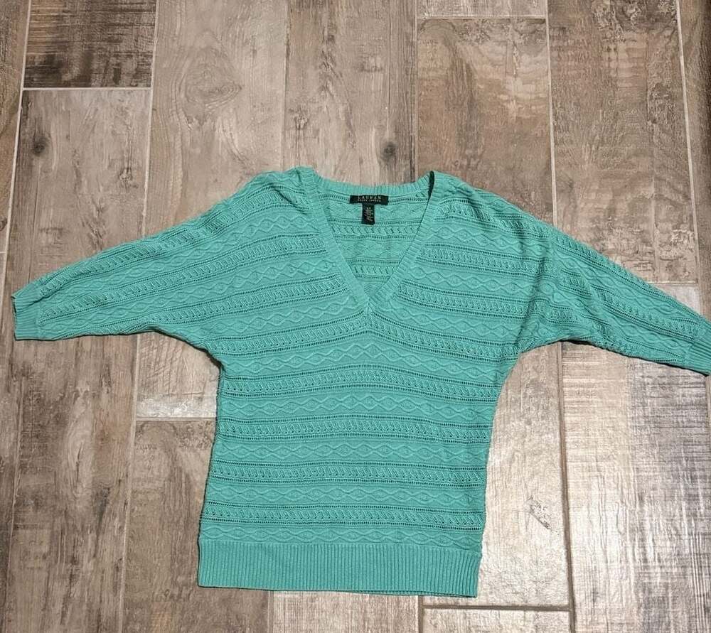 Lauren Ralph Lauren Women's Teal Green Cable-Knit V-Neck Sweater Size S